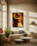 After Hours art print in a black frame above a cream curved sofa in a sunlit living room