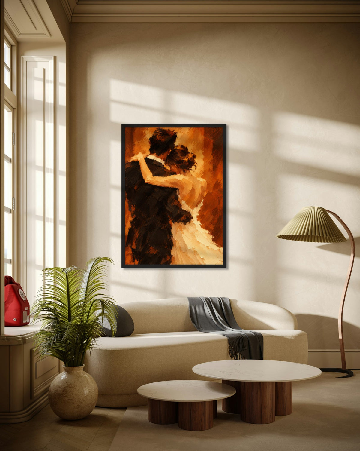 After Hours art print in a black frame above a cream curved sofa in a sunlit living room