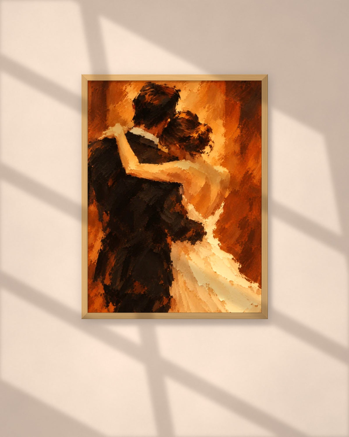 After Hours art print in a walnut frame above a brown leather Chesterfield armchair