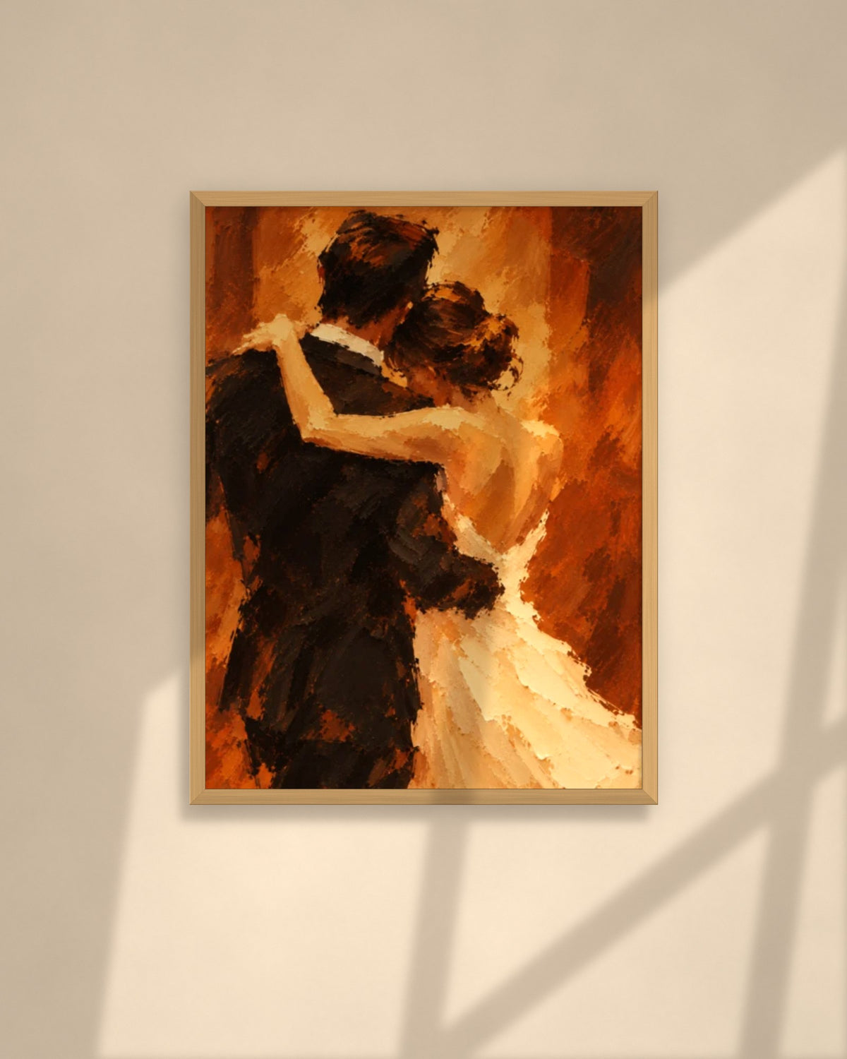 After Hours art print in a natural oak frame above a cream sofa in a sunlit living room