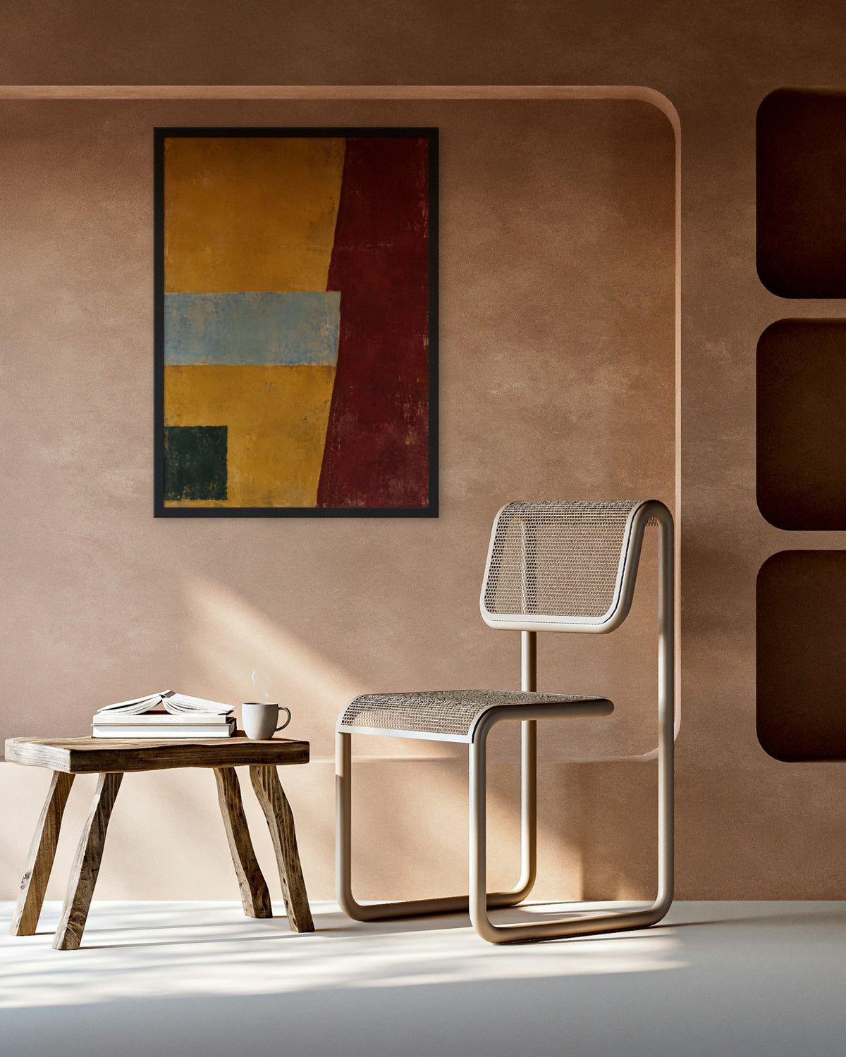Amber Horizon art print in a black frame on a terracotta plaster wall above a cane chair