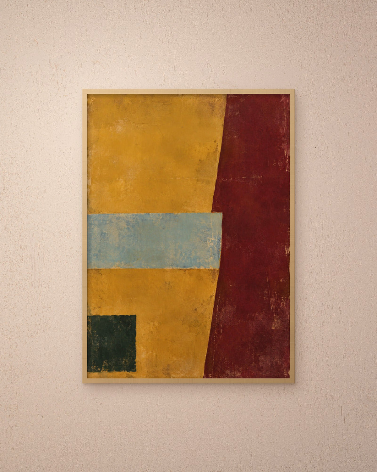 Amber Horizon art print in a natural oak frame on a warm plaster wall