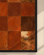 Autumn Rust Tiles art print in a black frame above a wooden desk in a bright Scandinavian study