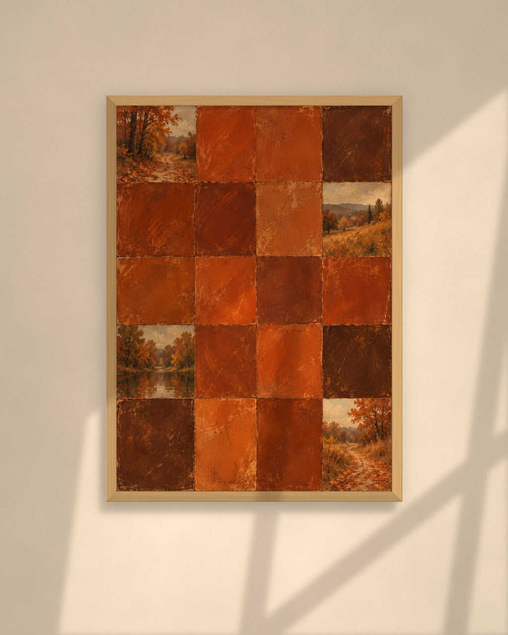 Autumn Rust Tiles art print in a walnut frame above a brown leather Chesterfield armchair