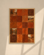 Autumn Rust Tiles art print in a walnut frame above a brown leather Chesterfield armchair
