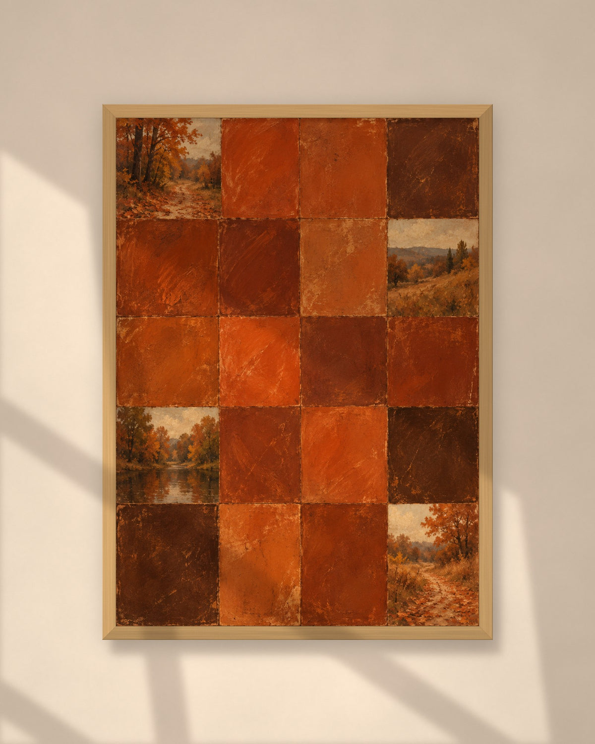 Autumn Rust Tiles art print in a natural oak frame on a warm plaster wall