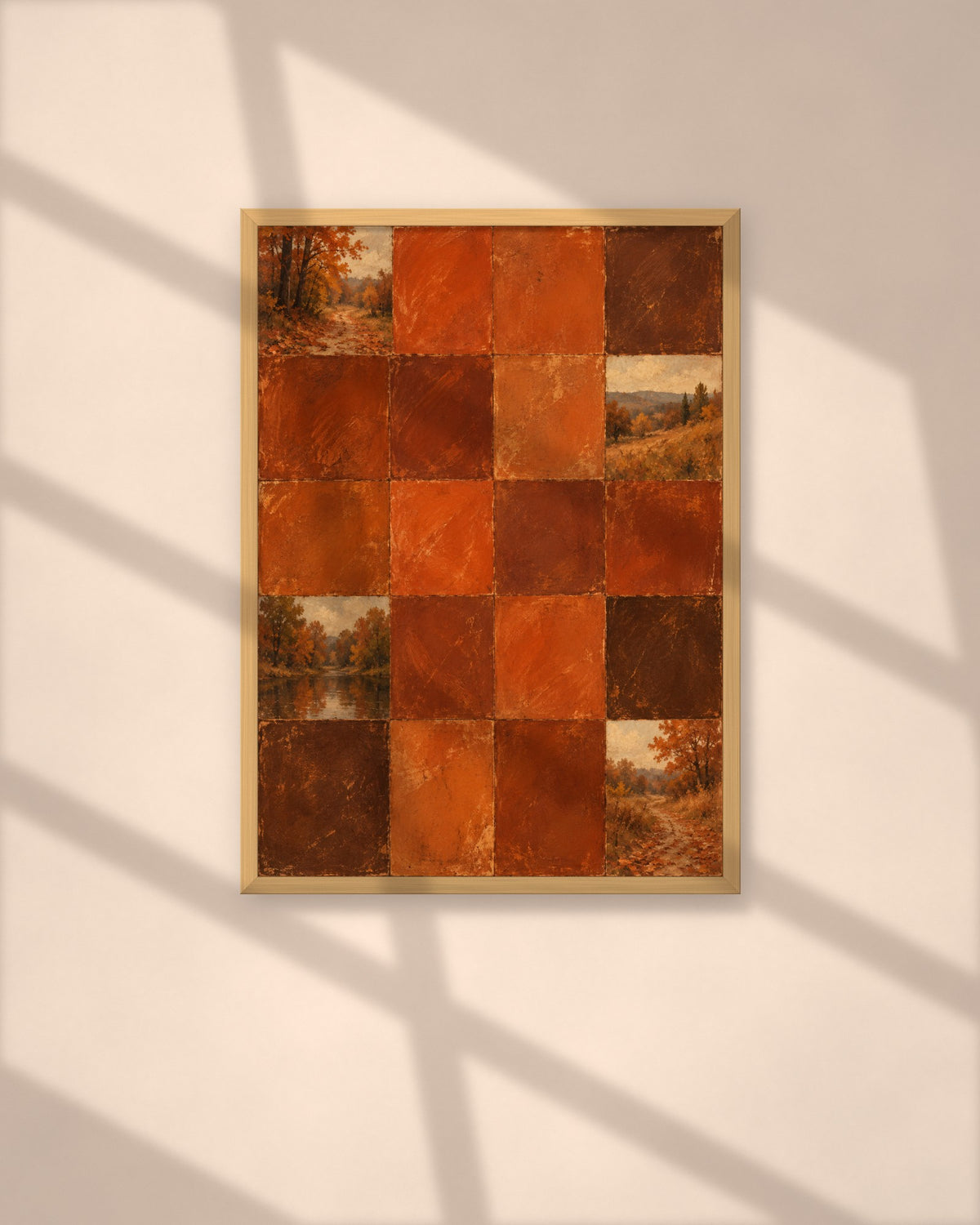Autumn Rust Tiles art print in a natural oak frame above a wooden desk in a bright Scandinavian study