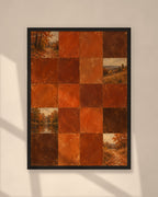 Autumn Rust Tiles art print in a black frame on a warm beige wall with sunlight and window shadows