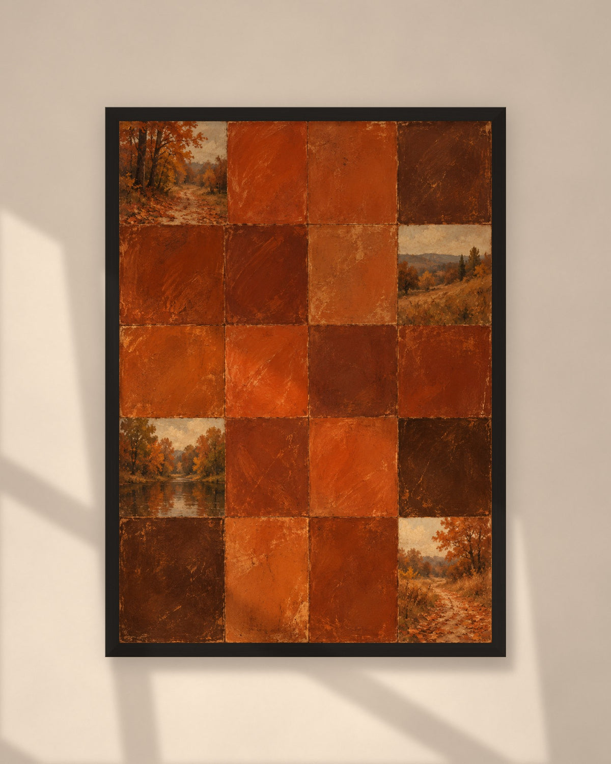 Autumn Rust Tiles art print in a black frame on a warm beige wall with sunlight and window shadows