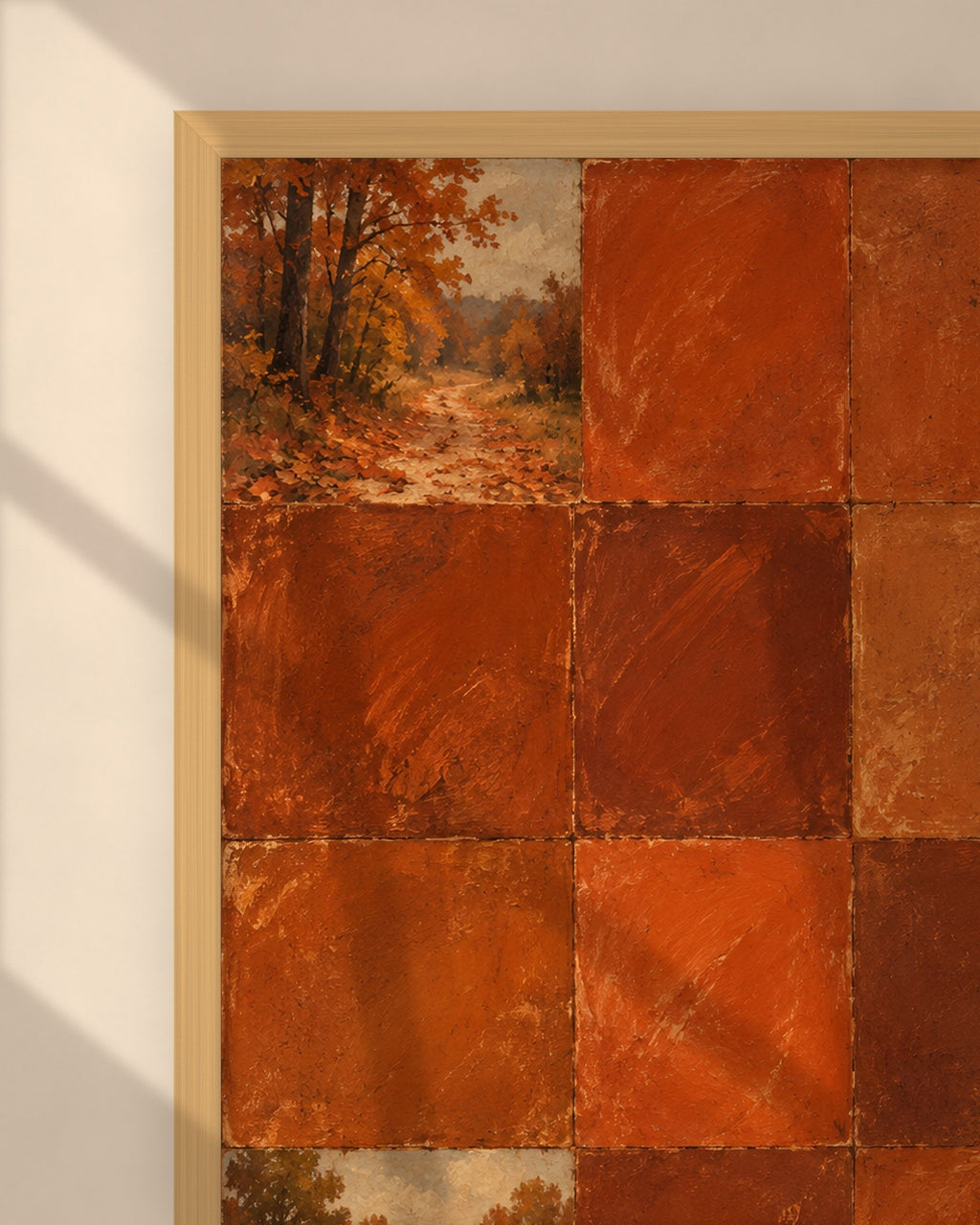 Autumn Rust Tiles art print in a natural oak frame above a cream sofa in a sunlit living room