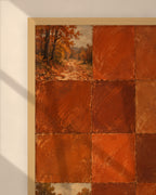Autumn Rust Tiles art print in a natural oak frame above a cream sofa in a sunlit living room