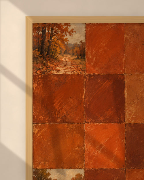 Autumn Rust Tiles art print in a natural oak frame above a cream sofa in a sunlit living room