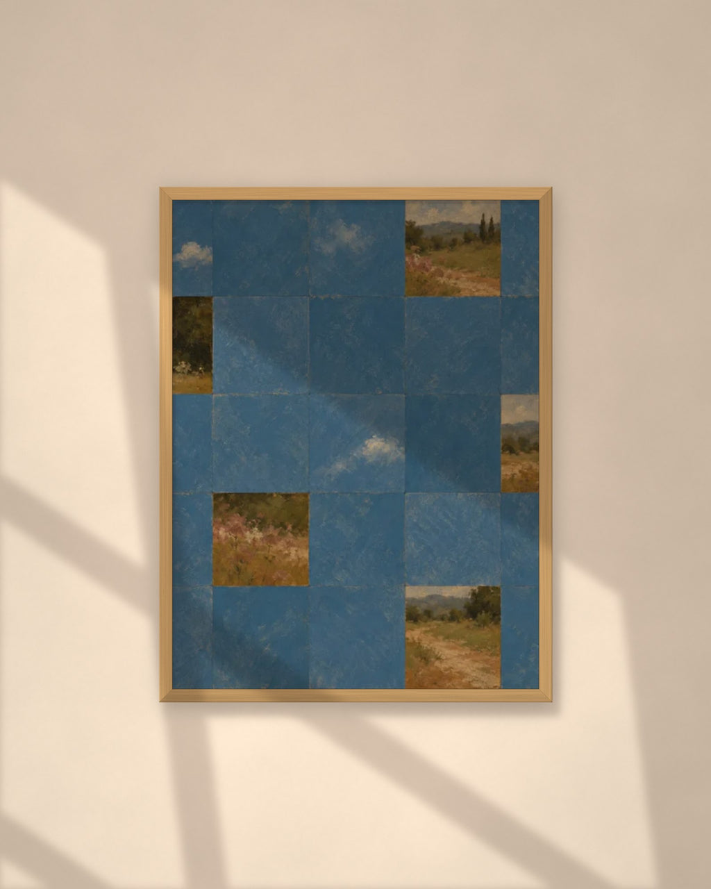 Blue Garden Tiles art print in a natural oak frame on a warm plaster wall