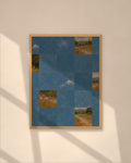 Blue Garden Tiles art print in a natural oak frame on a warm plaster wall
