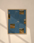 Blue Garden Tiles art print in a natural oak frame on a warm plaster wall