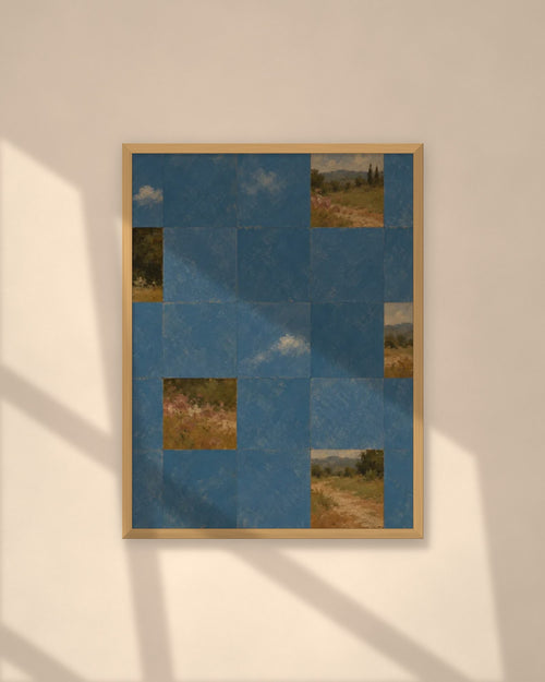 Blue Garden Tiles art print in a natural oak frame on a warm plaster wall