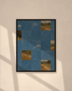 Blue Garden Tiles art print in a black frame on a warm beige wall with sunlight and window shadows