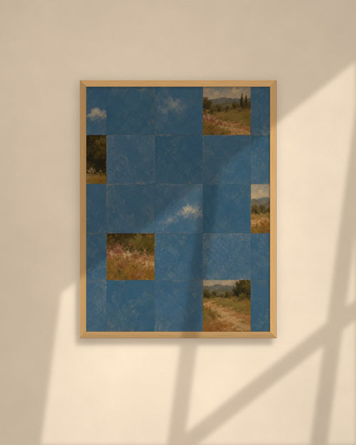 Blue Garden Tiles art print in a natural oak frame above a cream sofa in a sunlit living room