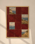 Burgundy Coast Tiles art print in a natural oak frame on a warm plaster wall