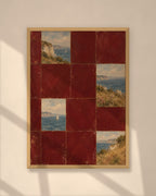 Burgundy Coast Tiles art print in a natural oak frame on a warm plaster wall