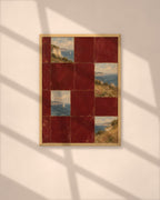 Burgundy Coast Tiles art print in a natural oak frame above a wooden desk in a bright Scandinavian study