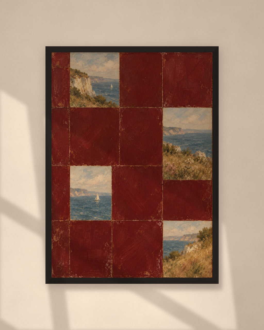 Burgundy Coast Tiles art print in a black frame on a warm beige wall with sunlight and window shadows