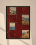 Burgundy Coast Tiles art print in a black frame on a warm beige wall with sunlight and window shadows
