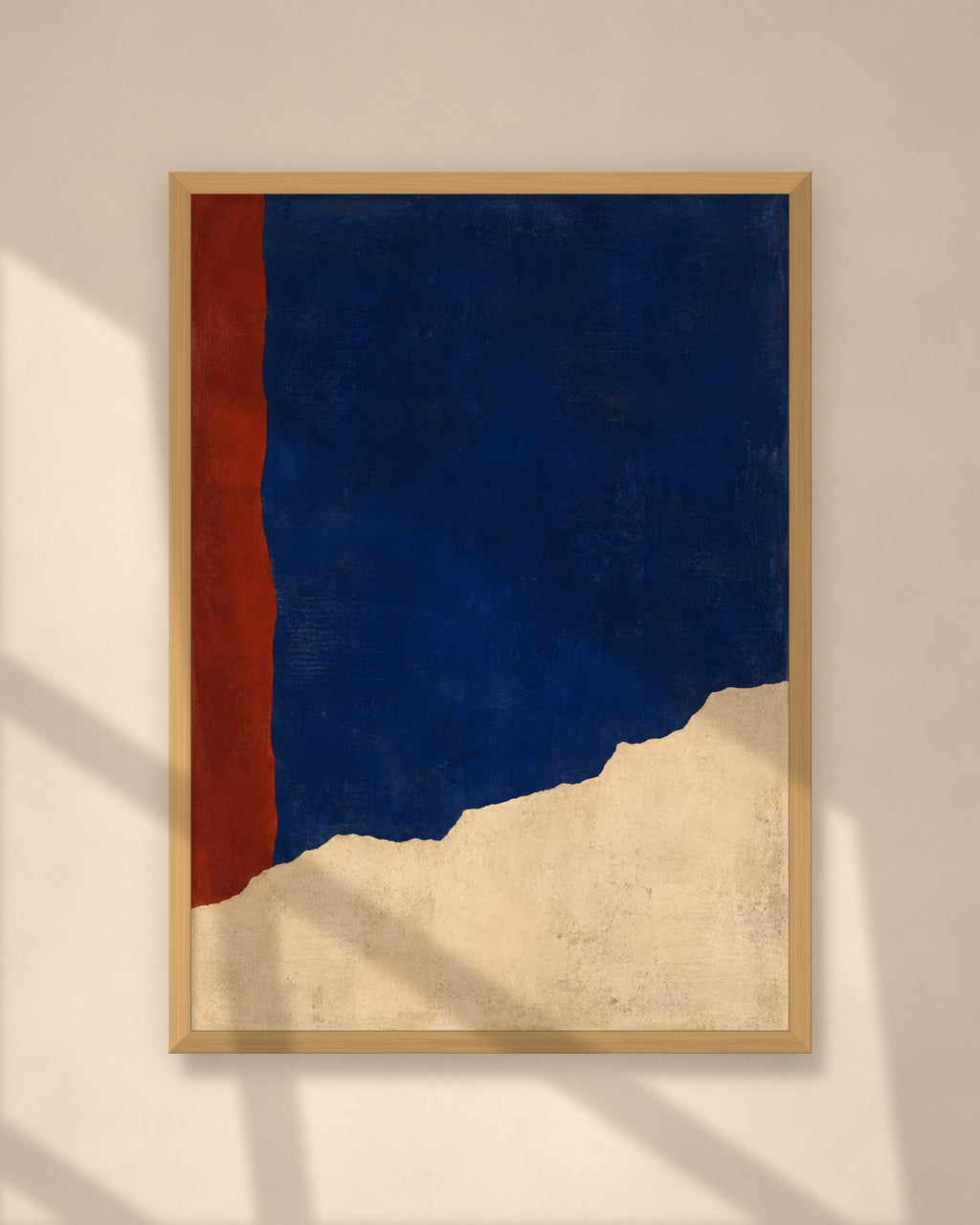 Cobalt Ridge art print in a natural oak frame on a warm plaster wall
