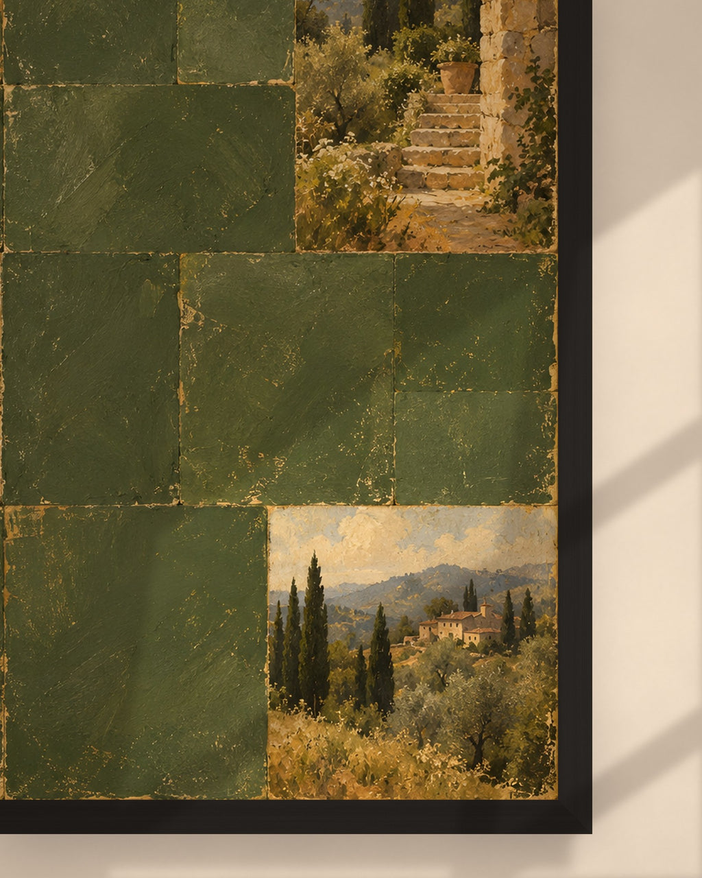 Cypress Hill Tiles art print in a black frame above a wooden desk in a bright Scandinavian study