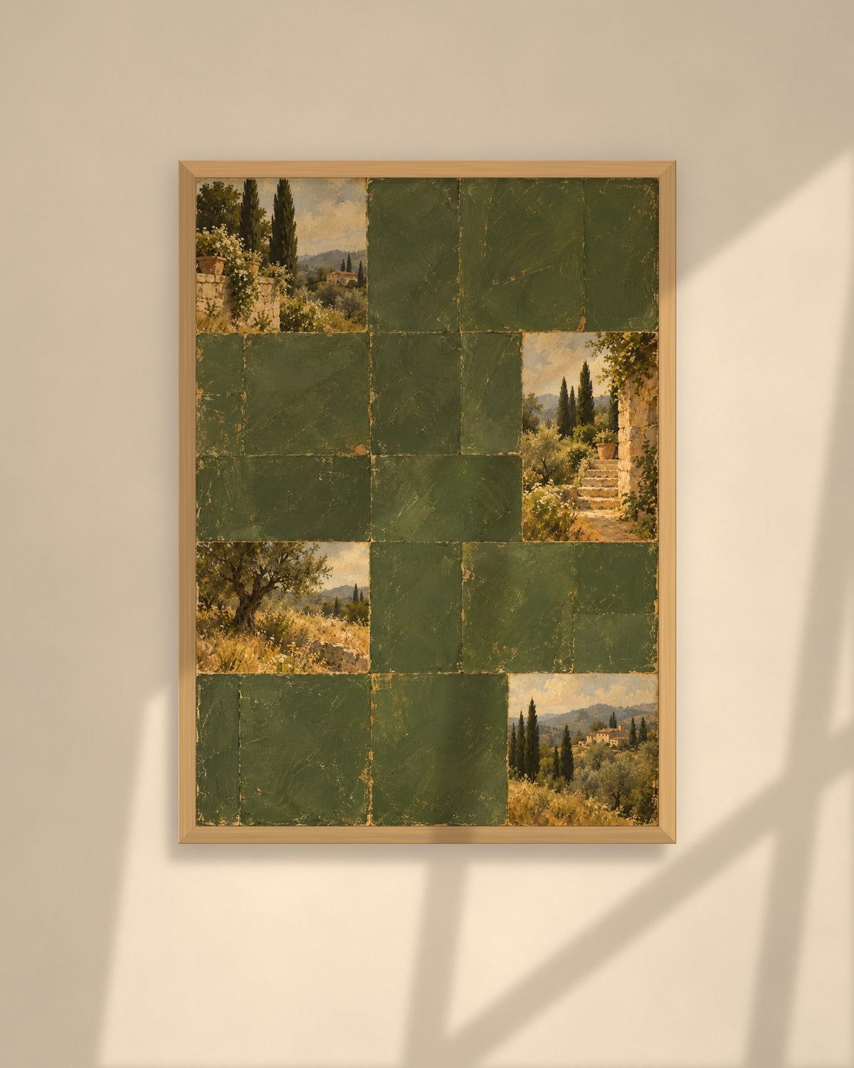 Cypress Hill Tiles art print in a walnut frame above a brown leather Chesterfield armchair