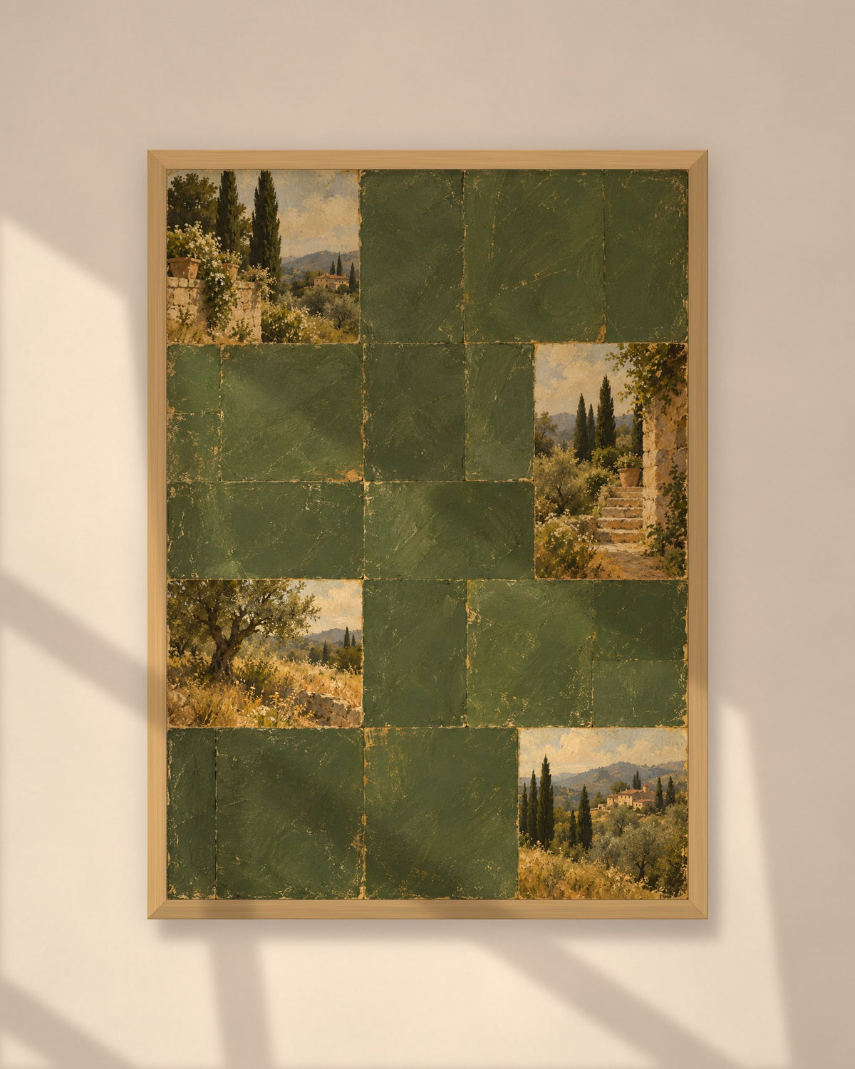 Cypress Hill Tiles art print in a natural oak frame on a warm plaster wall