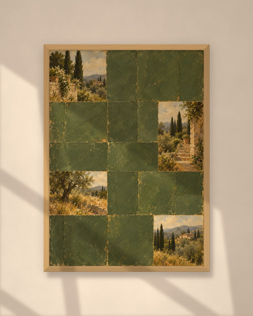 Cypress Hill Tiles art print in a natural oak frame on a warm plaster wall
