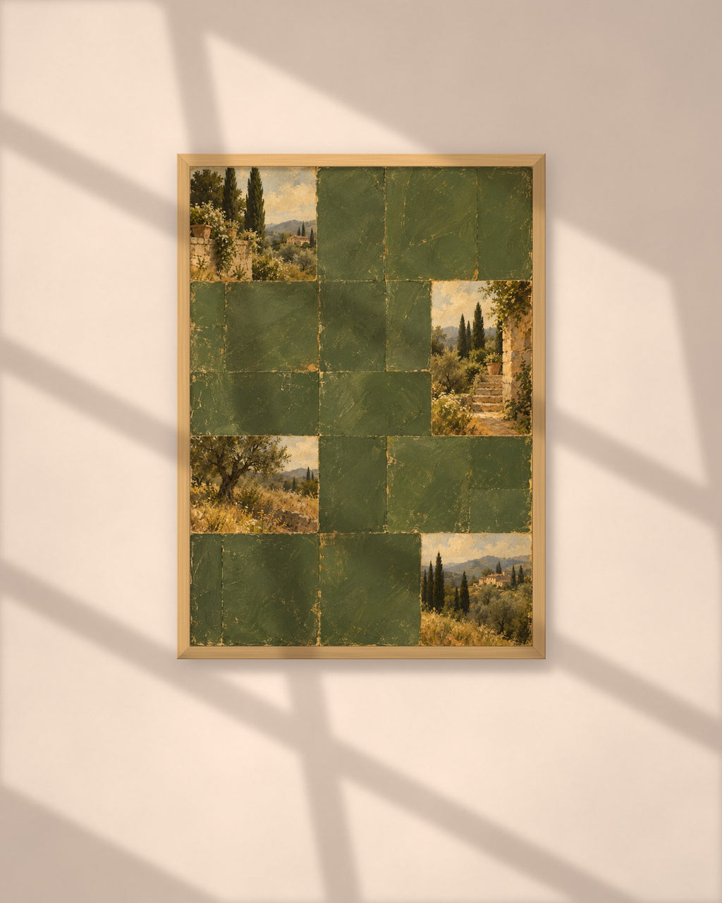 Cypress Hill Tiles art print in a natural oak frame above a wooden desk in a bright Scandinavian study