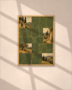 Cypress Hill Tiles art print in a natural oak frame above a wooden desk in a bright Scandinavian study