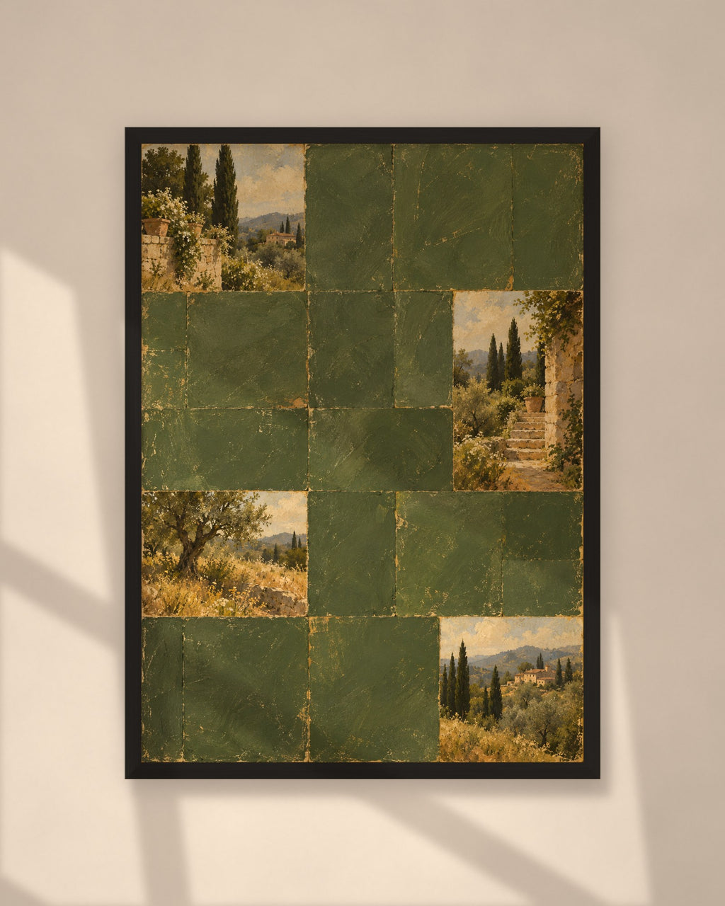 Cypress Hill Tiles art print in a black frame on a warm beige wall with sunlight and window shadows
