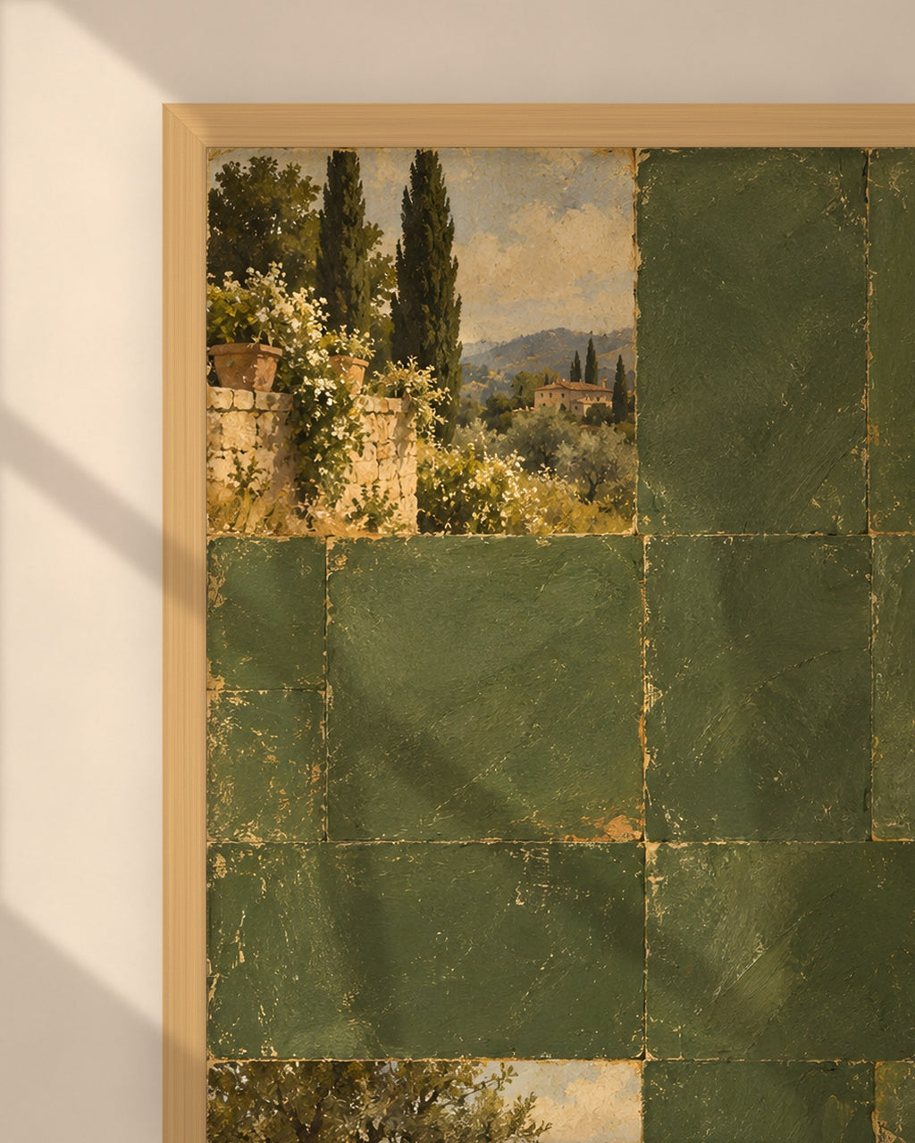 Cypress Hill Tiles art print in a natural oak frame above a cream sofa in a sunlit living room