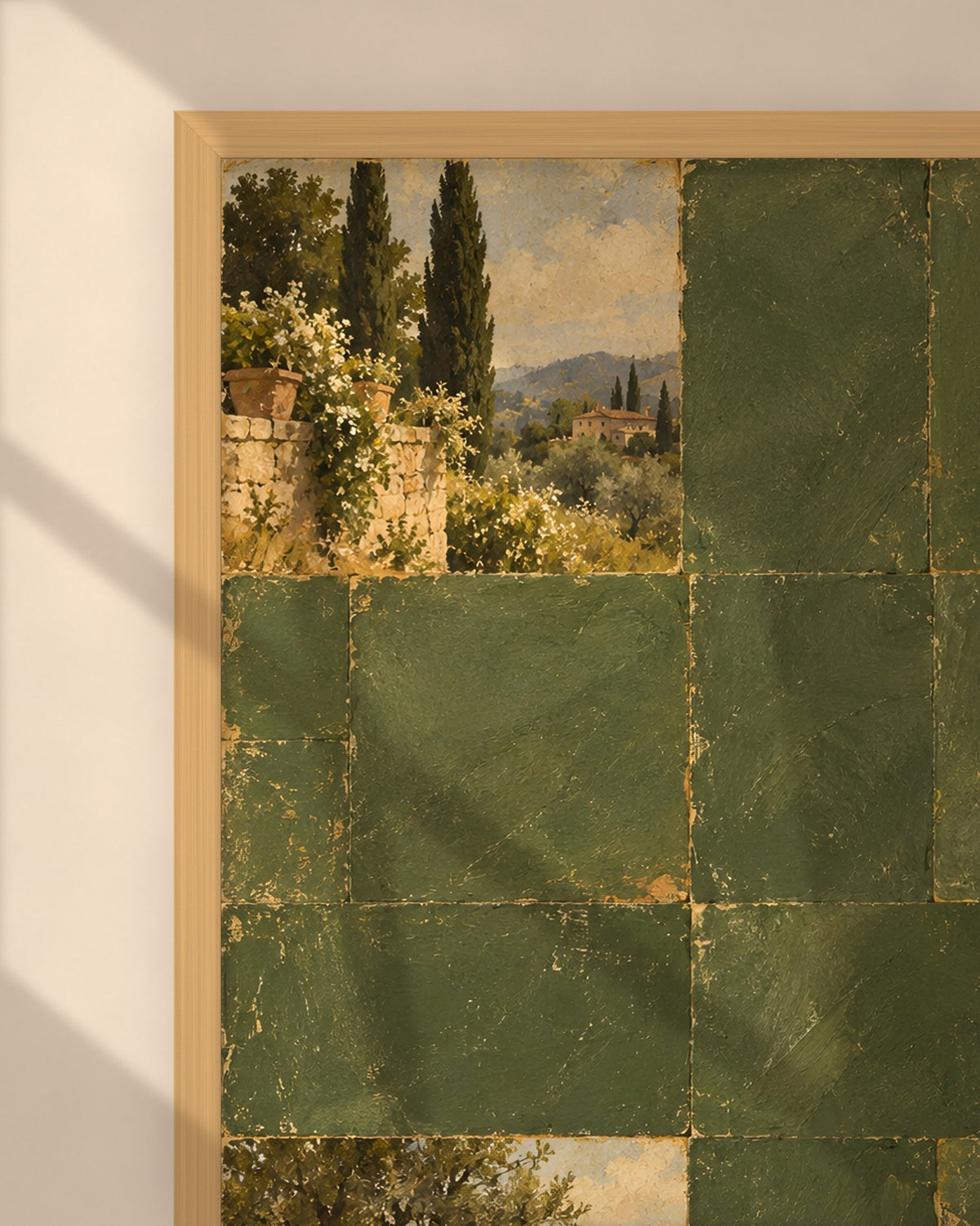Cypress Hill Tiles art print in a natural oak frame above a cream sofa in a sunlit living room