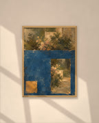 Garden in Blue art print in a natural oak frame on a warm plaster wall