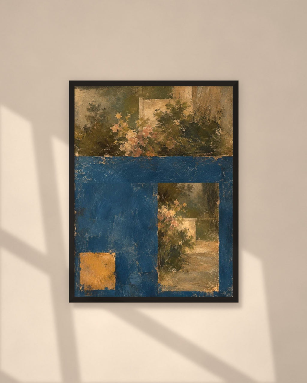 Garden in Blue art print in a black frame on a warm beige wall with sunlight and window shadows