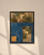 Garden in Blue art print in a black frame on a warm beige wall with sunlight and window shadows