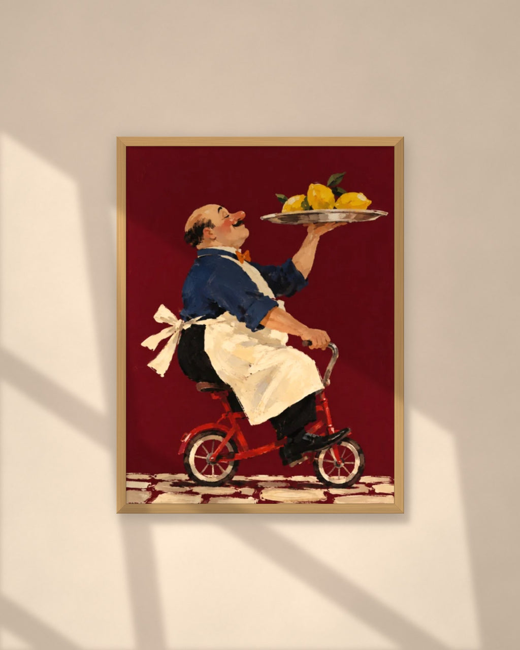 Lemon Delivery art print in a natural oak frame on a warm plaster wall