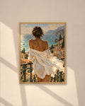 Mediterranean Balcony art print in a natural oak frame on a warm plaster wall