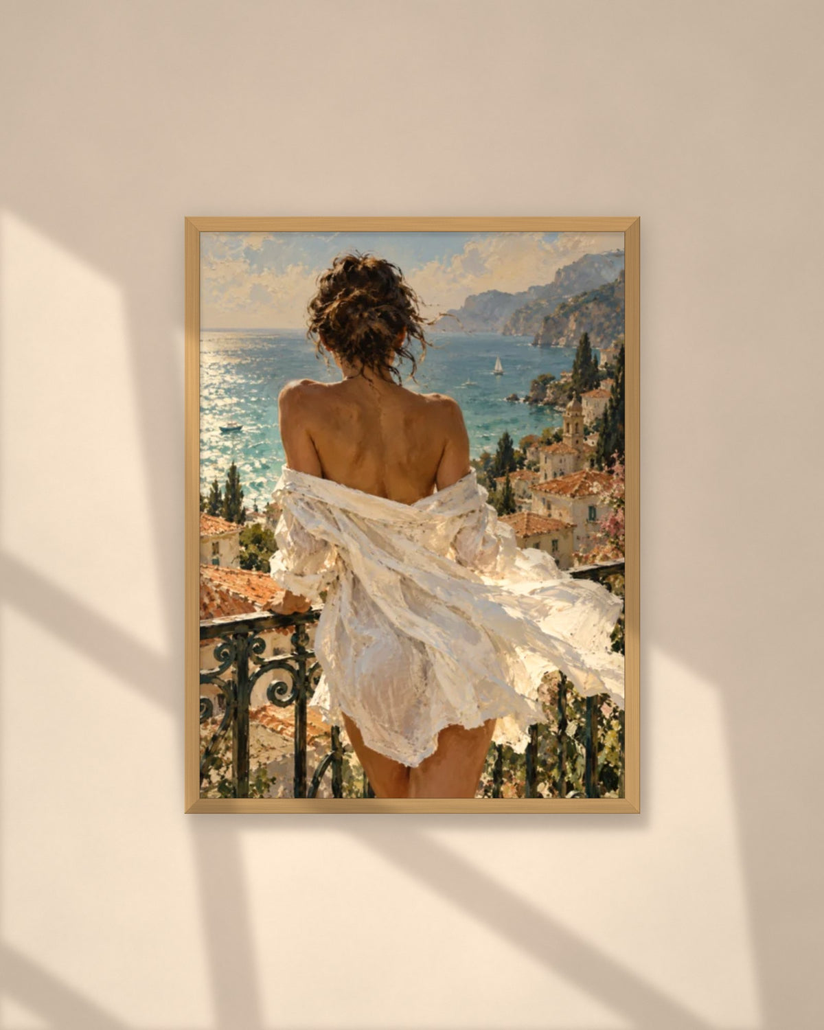 Mediterranean Balcony art print in a natural oak frame on a warm plaster wall