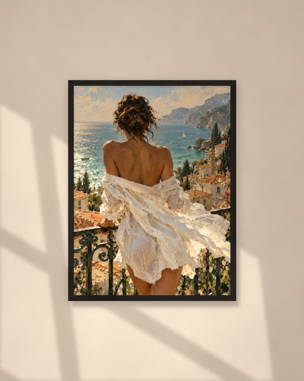 Mediterranean Balcony art print in a black frame on a warm beige wall with sunlight and window shadows