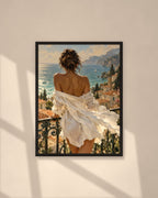 Mediterranean Balcony art print in a black frame on a warm beige wall with sunlight and window shadows