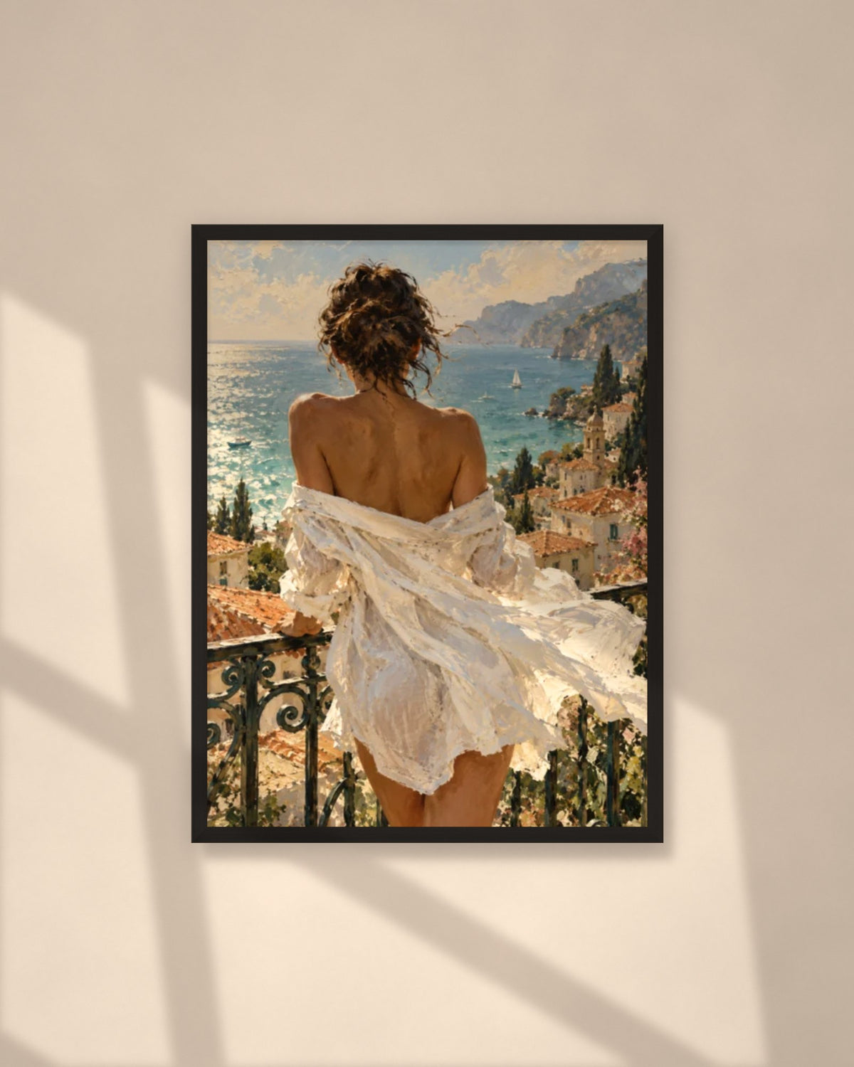 Mediterranean Balcony art print in a black frame on a warm beige wall with sunlight and window shadows