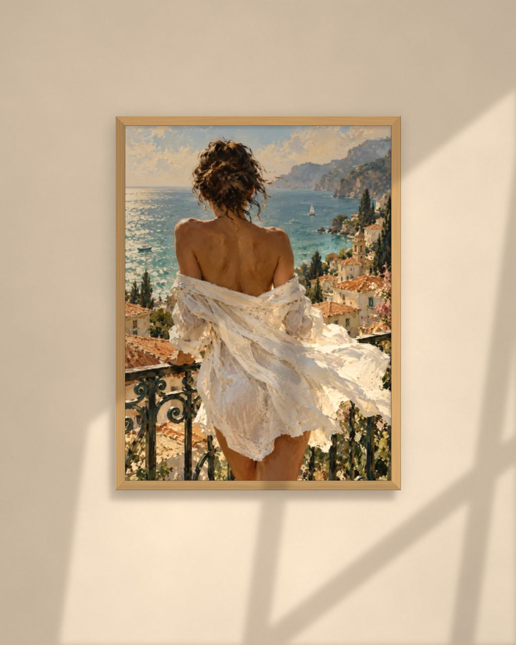 Mediterranean Balcony art print in a natural oak frame above a cream sofa in a sunlit living room