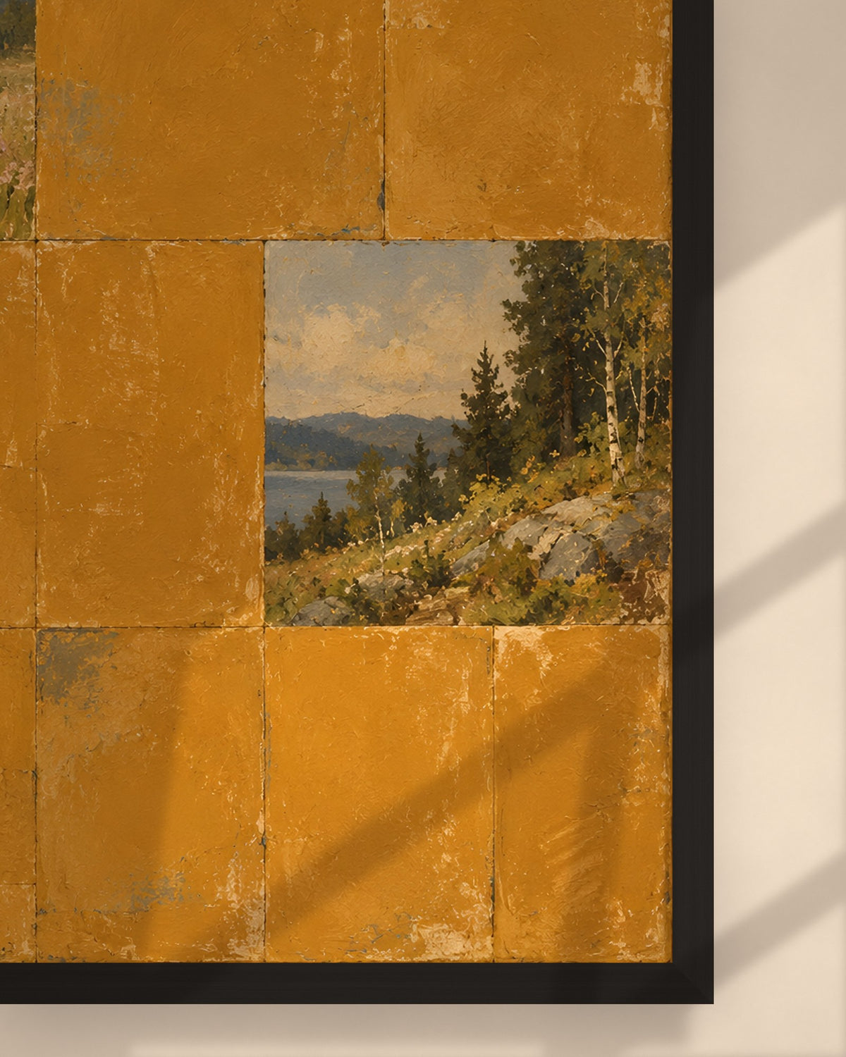 Ochre Lake Tiles art print in a black frame above a wooden desk in a bright Scandinavian study