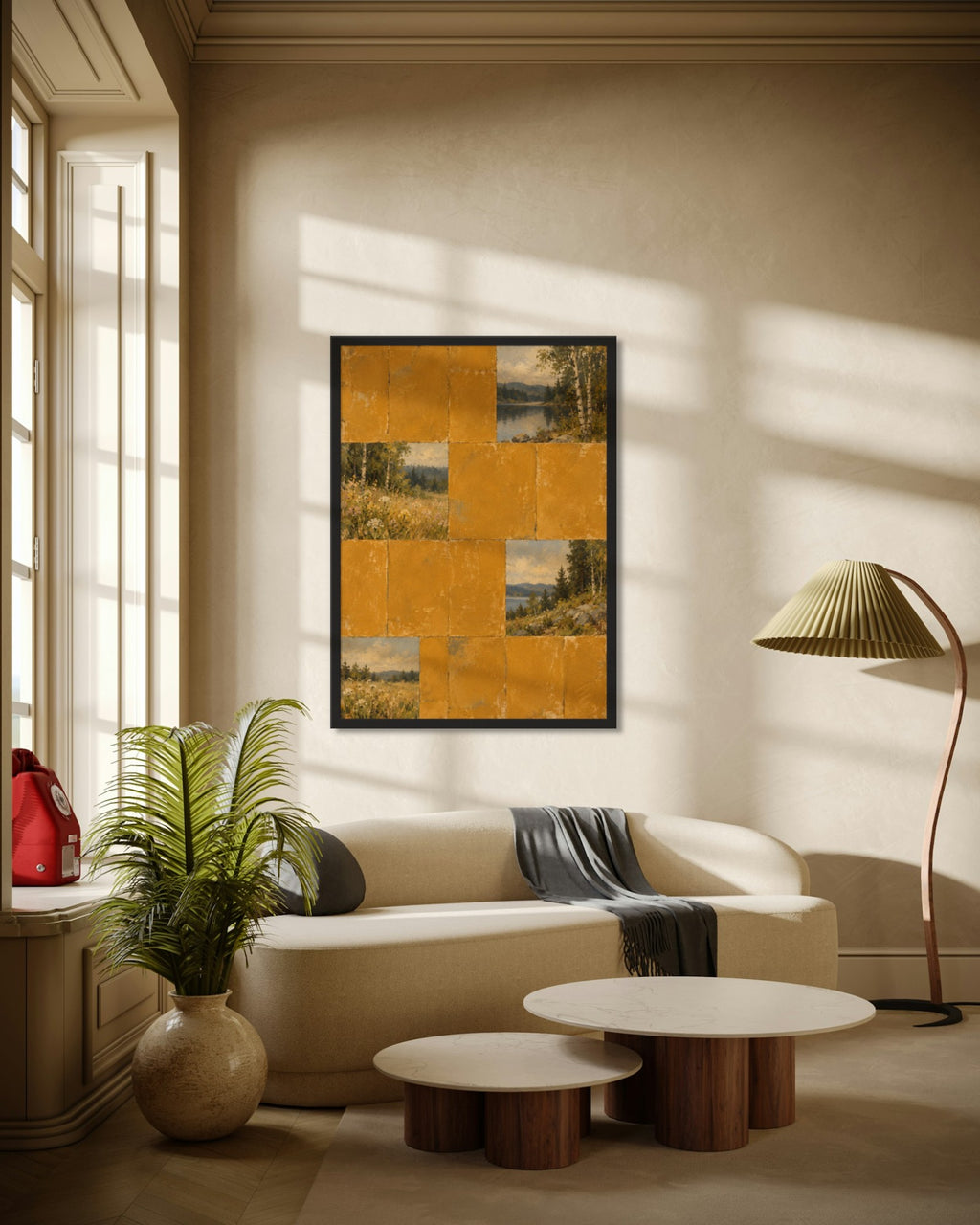 Ochre Lake Tiles art print in a black frame above a cream curved sofa in a sunlit living room