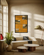 Ochre Lake Tiles art print in a black frame above a cream curved sofa in a sunlit living room
